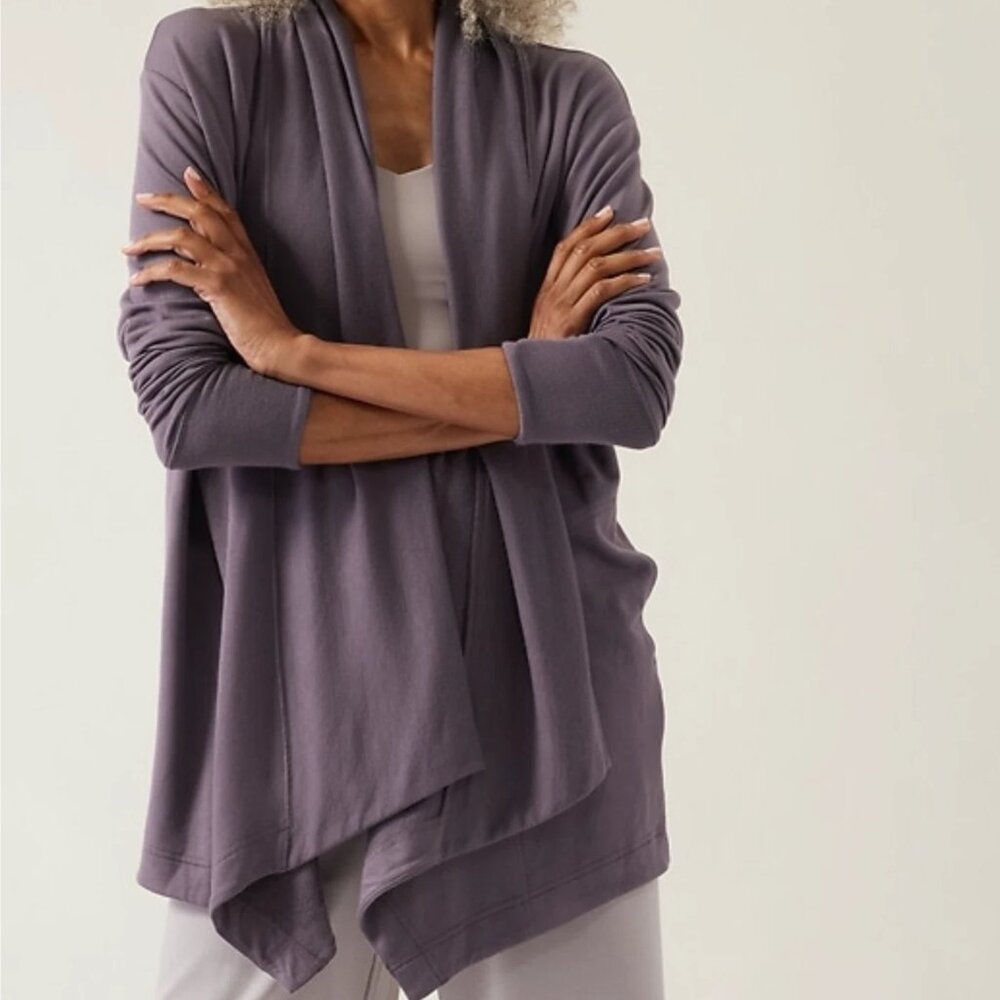 Athleta Women's Pranayama Restore Wrap Large Dusk Violet Gray Open Cardigan Yoga